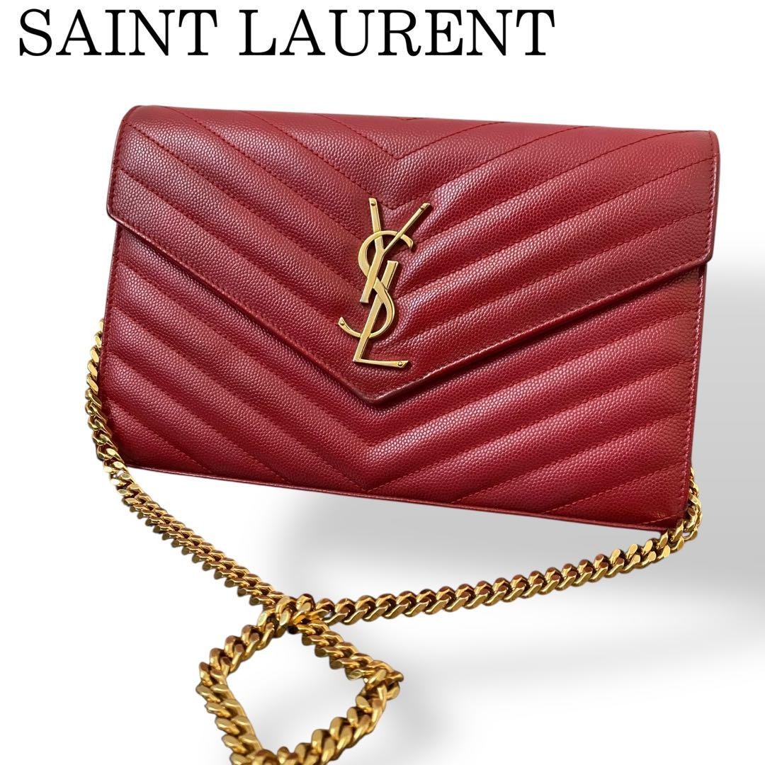Autentico portafoglio Saint Laurent pelle caviale catena YSL hardware borsa rossa