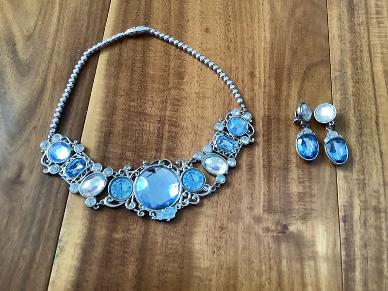 Disney Store Cinderella Blue Gem Metal Necklace + matching Clip-On Earrings EUC
