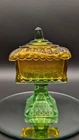 Vintage-Depression-Jeanette-amber-Green-Flash-Wedding Bowl-Square Pedestal-Dish