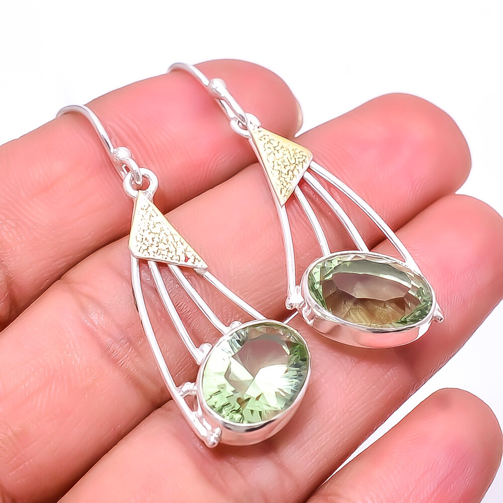 Concave Cut - Green Amethyst 925 Sterling Silver Two Tone Earring 1.95