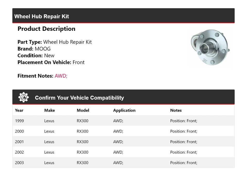 Kit de reparación de buje de rueda delantero MOOG 1999-2003 LEXUS RX300 AWD Foto 2 de 4