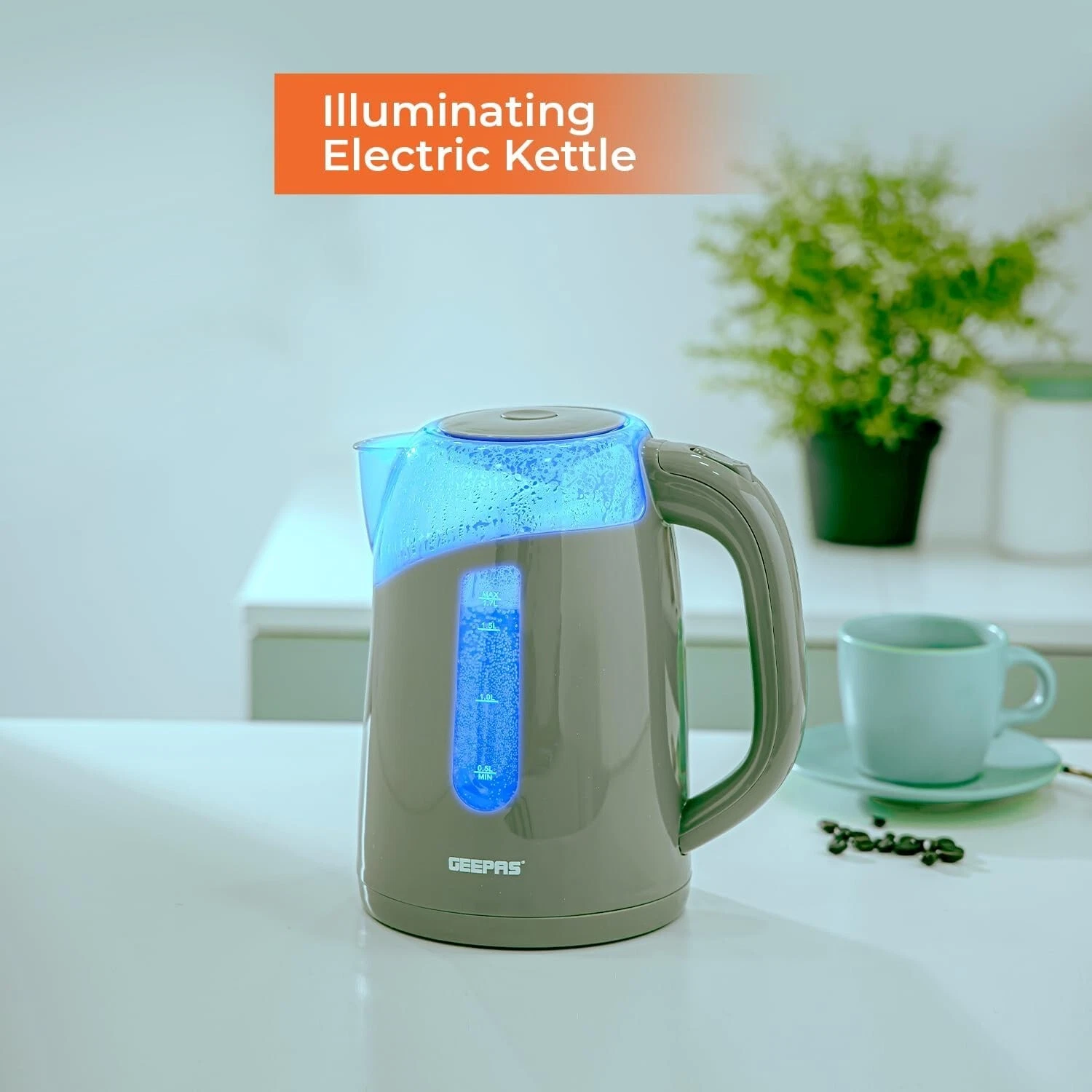 Kettle Illuminating Cordless Electric 1.7L Jug Kettle BPA Free 2200W Geepas Grey