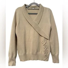 Shawl Collar Faux Wrap Lace Up Long Sleeve Sweater Tan Women’s Small