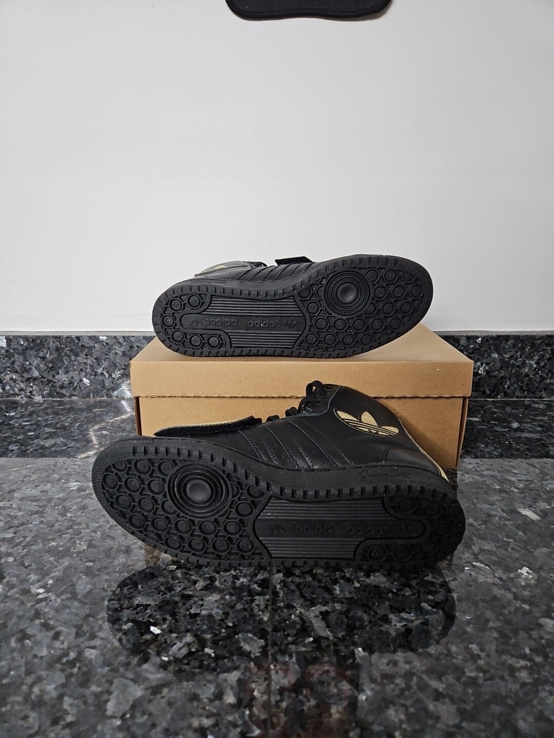 BNIB Designer Jeremy Scott Adidas Black & Gold Letters Size 9.5M Rare Sold Out image 3