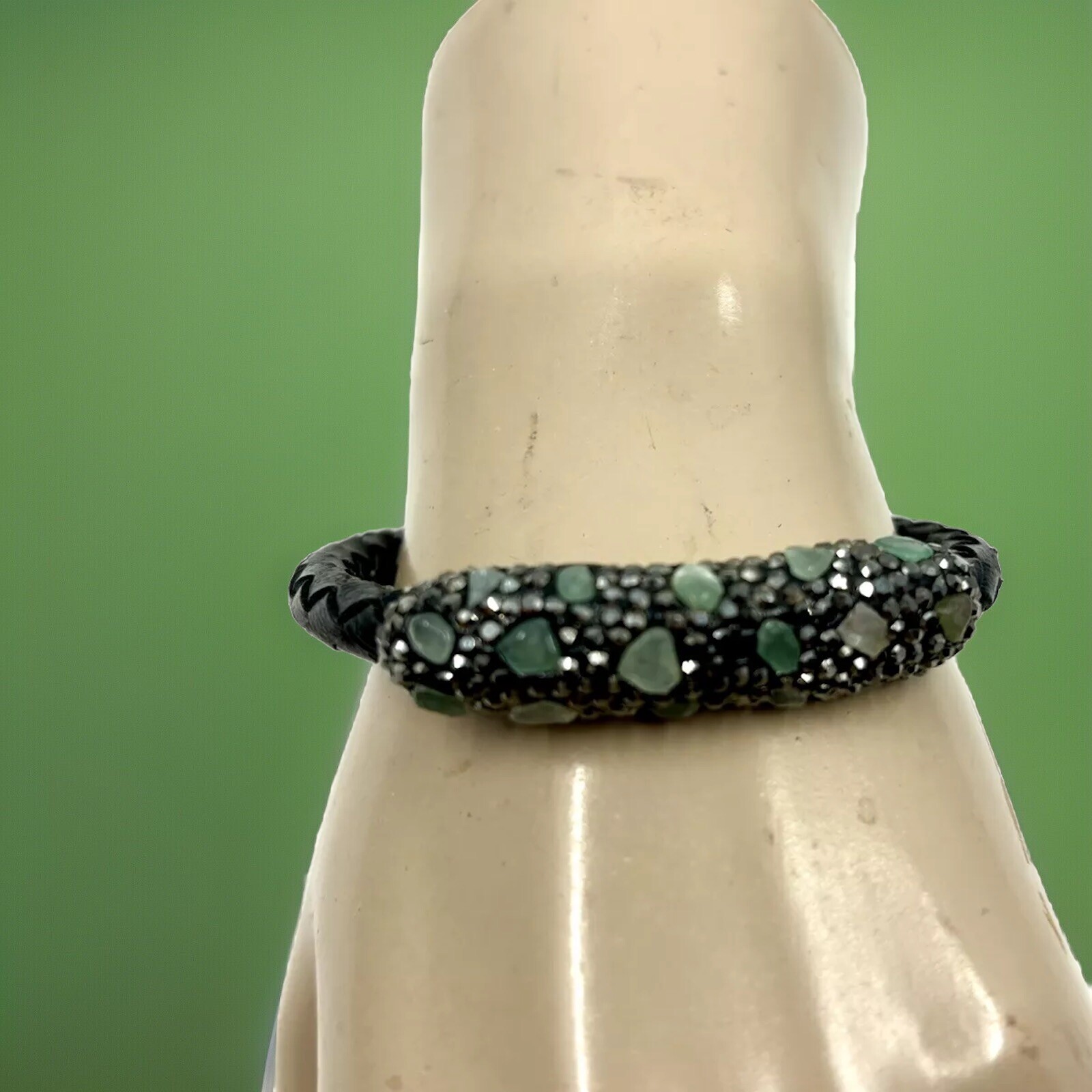 Statement Leather Open Cuff  Bracelet Embellished… - image 1