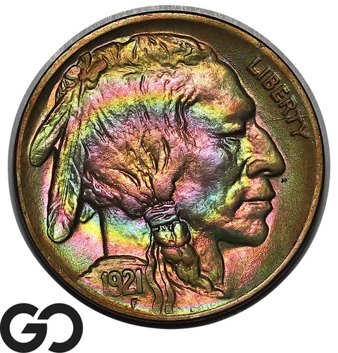 1921 Buffalo Nickel, Stunning Rainbow Toner, Gem BU++, Eye-Poping