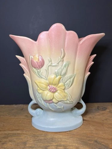 Vtg Hull Pottery Vase Magnolia Flower Pastel Pink Blue Yellow Matte Glaze 8.75”