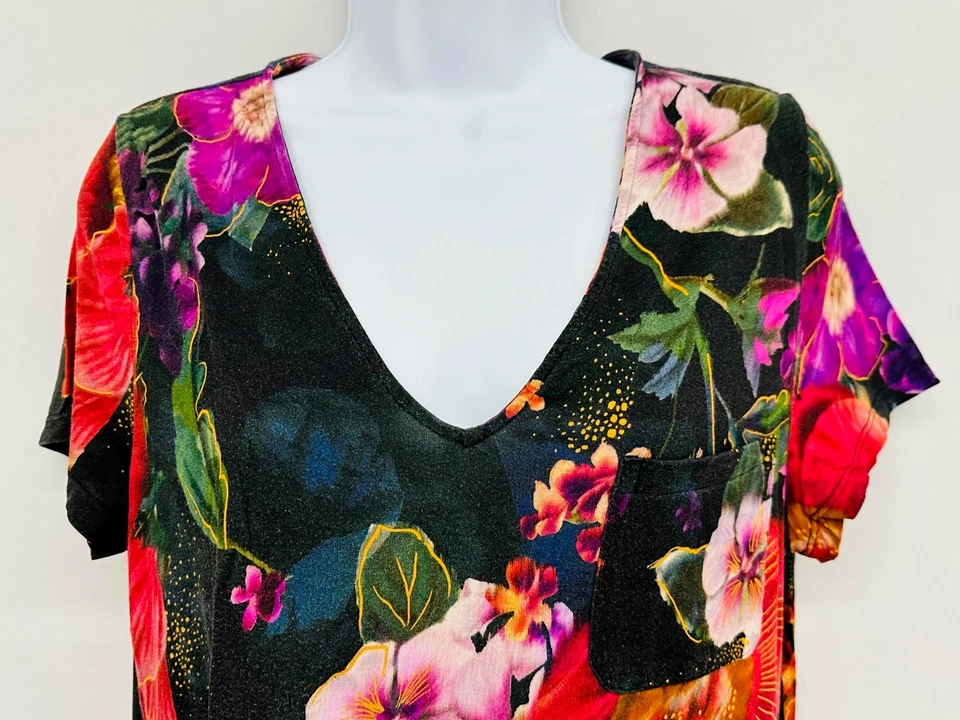 SOMA M Cool Nightgown Sleepshirt Short Sleeves Soft Stretchy Black Floral - Image 2 of 4