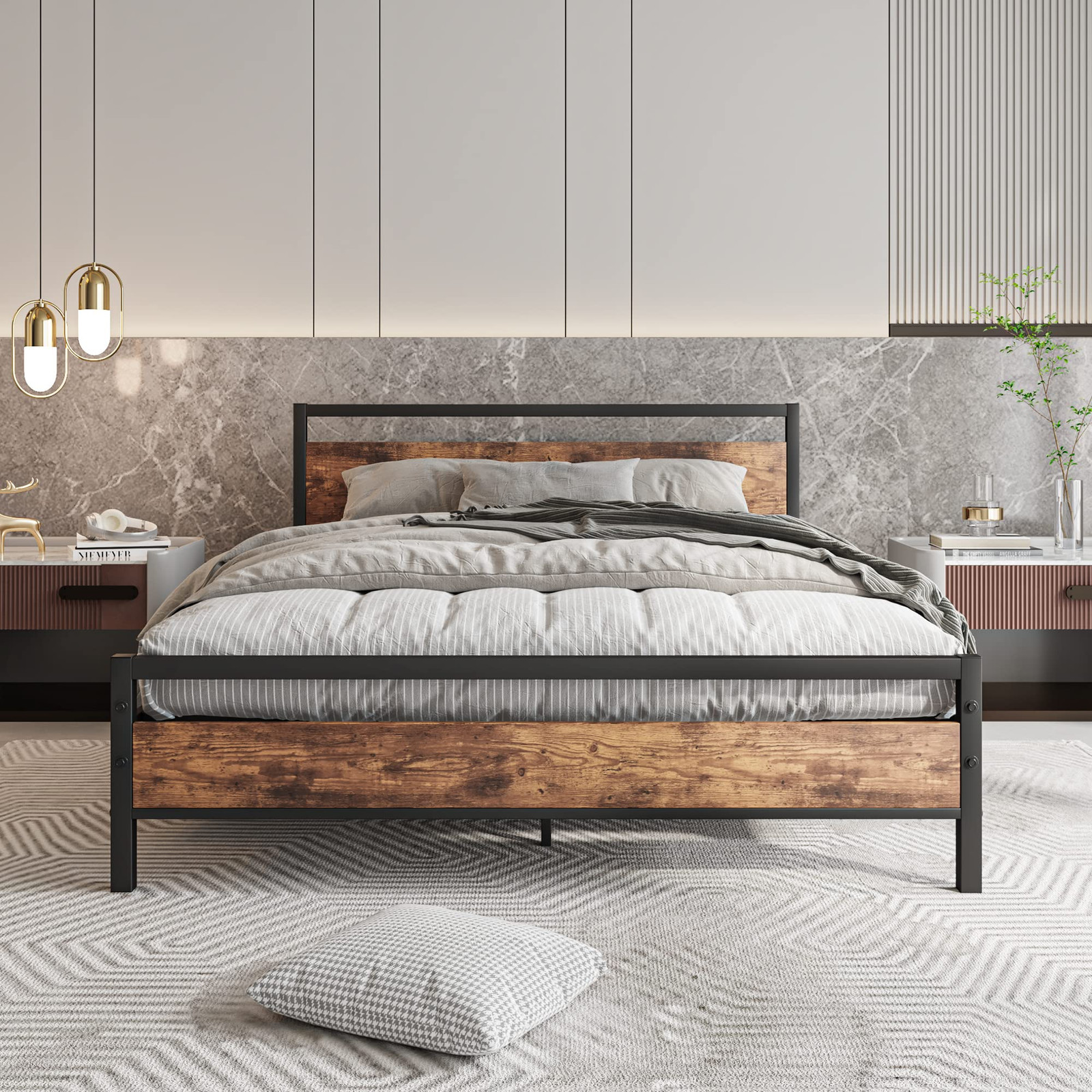 Queen Size Metal Platform Bed Frame with Headboard & Storage-image