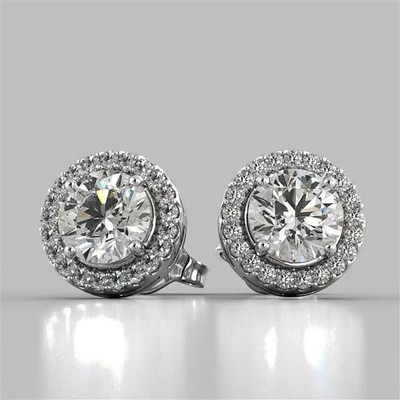 Halo Stud Earrings 2.90Ct Round Cut Lab-Created Diamond 14K White Gold Plated