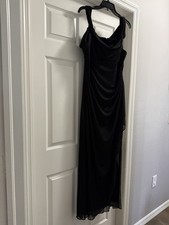 Alex Evenings Black Chiffon Ruched Maxi Dress Cowl Neck Strappy Sleeveless 16