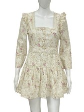 LoveShackFancy Women's Floral Printed Lace Trim Ruffle Cotton Short Mini Dress S