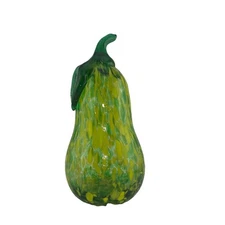 Vintage Hand Blown Murano Style Art Glass Green & Yellow Mottled Pear Figurine