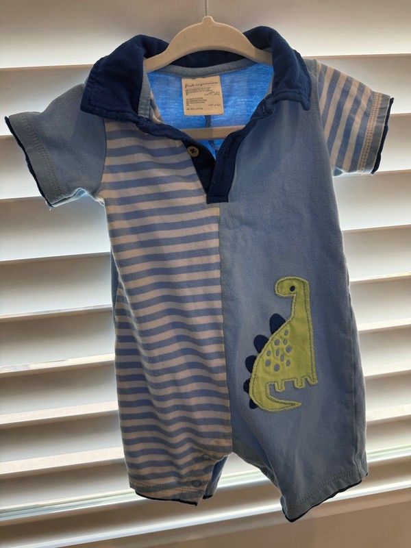 First Impressions Blue And White Striped Dinosaur Romper Baby 3-6 Months
