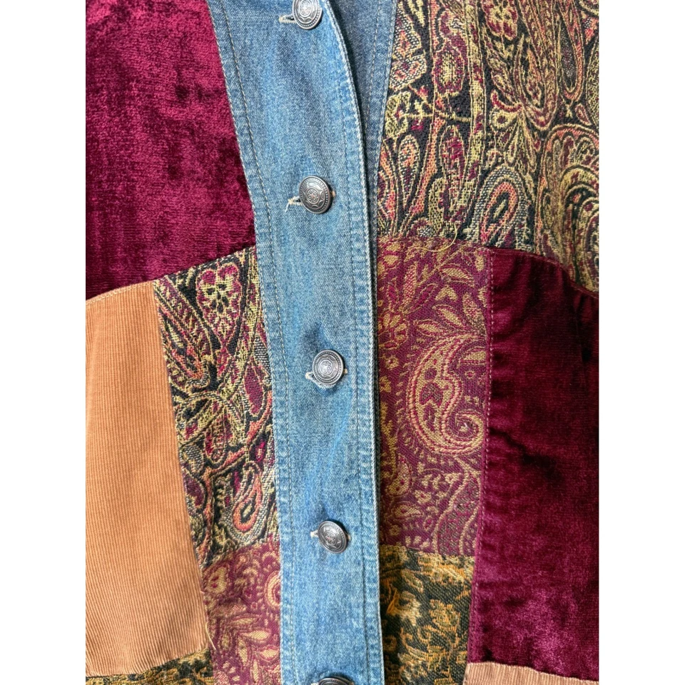 VTG Fashion Bug Women Patchwork Denim Jacket Burgundy Velvet Paisley Boho XL - Image 4 of 4