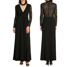 Betsy Adam Black Sequin Sleeve Evening Gown Long Sleeve Open Mock Neck Dress