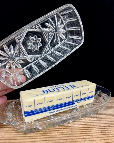 Vintage Anchor Hocking Glass Covered Butter Dish Star of David EUC