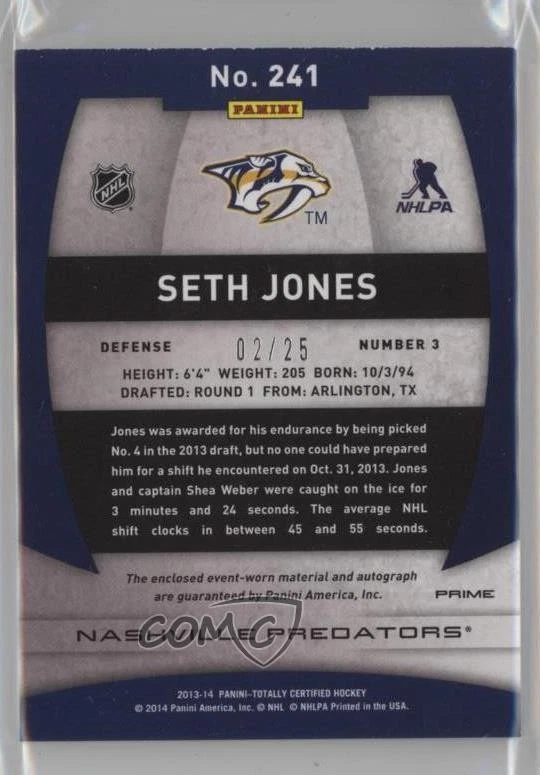 2013 Totally Certified Platinum Blue Prime Jerseys /25 Seth Jones Rookie Auto RC - Image 2 of 2