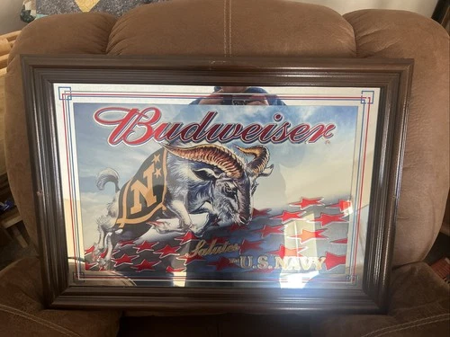 Vintage Budweiser “Salutes The U.S. Navy” Framed Mirrored Beer Sign 28”x20”