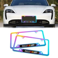 2x Ralliart Neo Chrome Stainless Steel License Plate Frame & Black Carbon Emblem