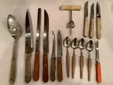 Lot Of 15 Kitchen Cutlery, Wood handles knives, spoon, corkscrew