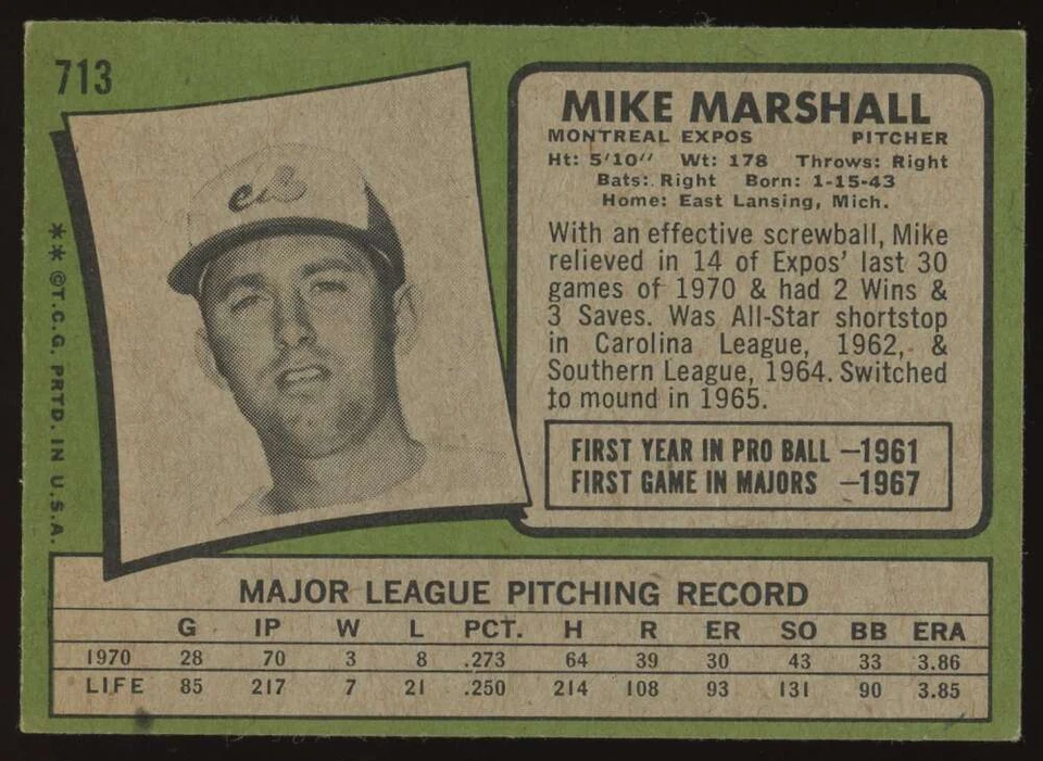 1971 Topps Mike Marshall #713 Montreal Expos High Number SP EX-EXMT - Image 2 of 2
