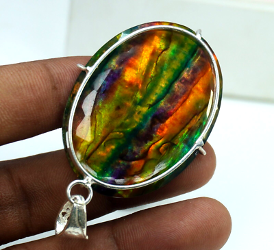 Ciondolo Ovale In Argento 925 Con Ammolite Naturale 66,10 Ct – Gioiello Certificato, Multicolore
