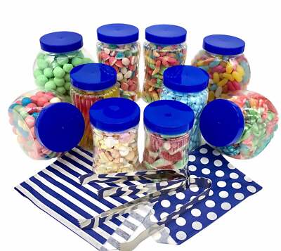 10 blaue Mini Kunststoff Süßigkeiten Gläser 2 Zangen 50 Beutel für Hochzeit Süßigkeiten Buffet Party 