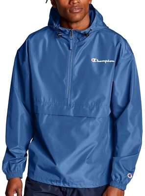 Champion Packable Wind and Water Resistant  Blue Half Zip Hooded Jacket Sz M