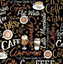For The Love Of Coffee, Coffee Phrases Fabric-Cotton 1yd BTY Black/Multi Fast S