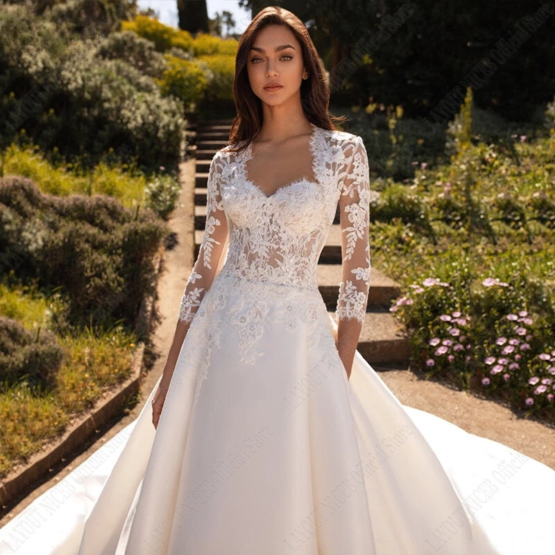 Elegantes Vestidos de Novia de Encaje Manga Larga Ilusión 3D Floral Satén Vestidos de Novia Foto 3 de 4