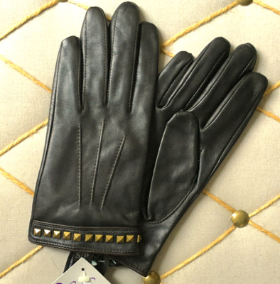 Fashion Expressions Leather Gloves Womens S Dark Brown Metal Studded Snap Lined