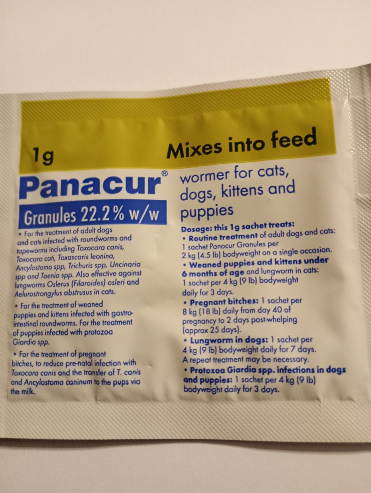 Panacur Granules 1g sachet/ 22.2 Fenbendazole. Wormer for cats and