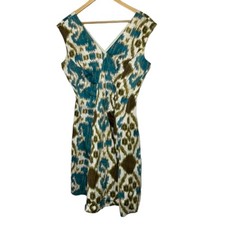 Nine West Brown & Teal Fit & Flare Front & Back V Neck Dress Women's Sz 12