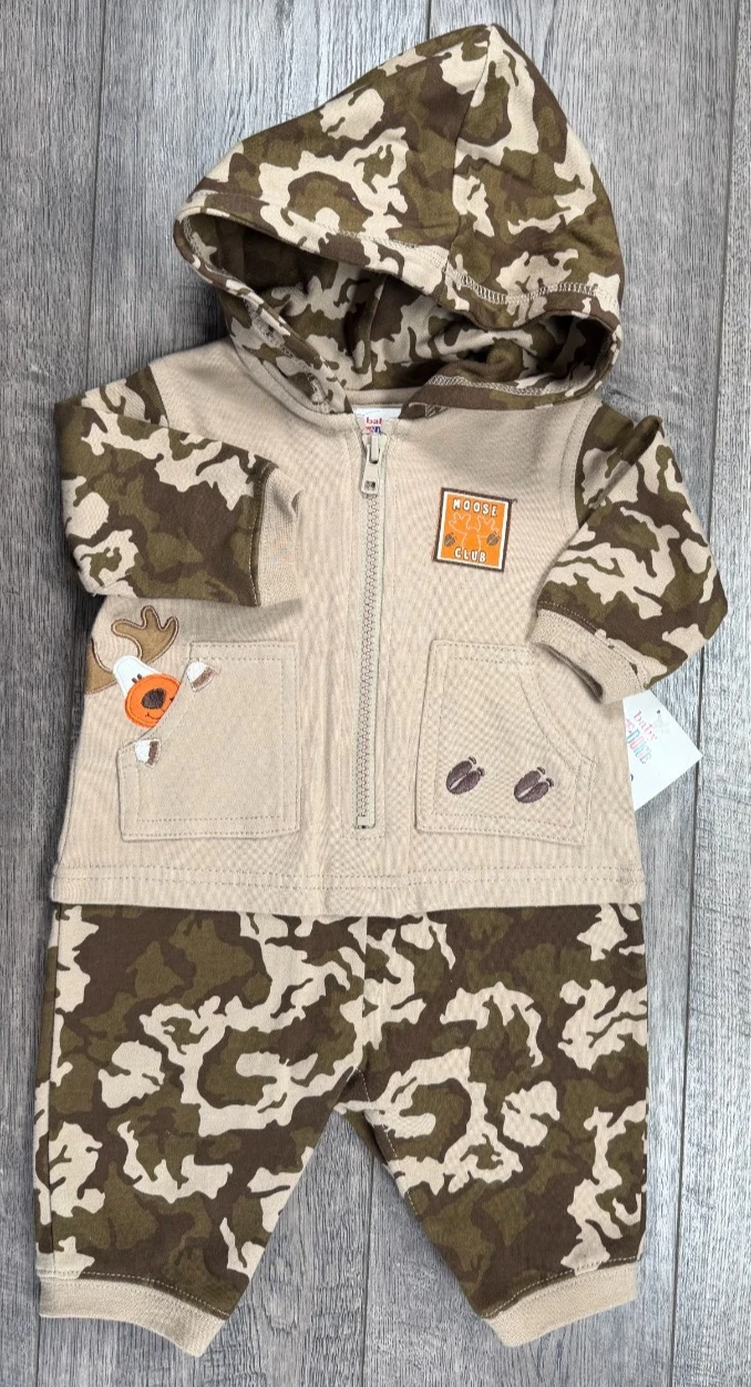 Baby Boy Clothes New Vintage Okie Dokie 0-3 Month Camo Hooded Moose Outfit