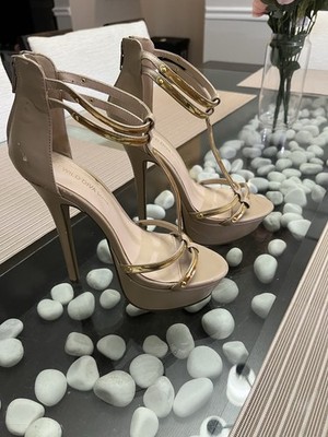 Wild Diva high-platform stiletto sandals, Nude and golden  ''T-strap'' . Size 7