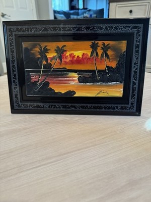 Hand Painted Tropical Sunset Landscape On Terra Cotta Ceramic 1990s Signed 