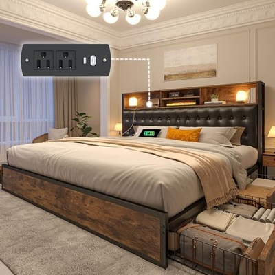 #ad King Size Bed Frame with 4 Storage Drawers King Bed Frame and Headboard Upholste $548.99