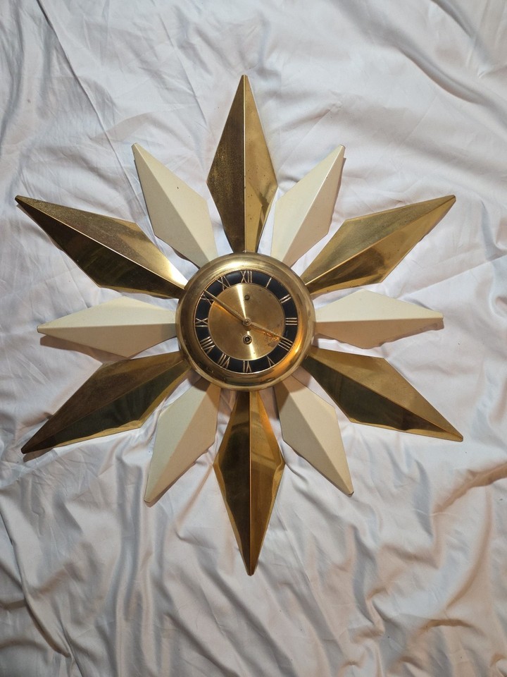 RARE Vintage 30" J & M Keywind Starburst Atomic Metal Wall Clock WORKS W/Key