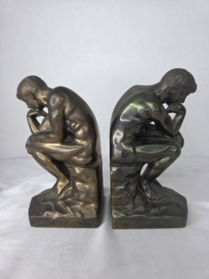 Vintage The Thinker Bookends 1928 Pair Rodin Cast Metal Brass Bronze 7276