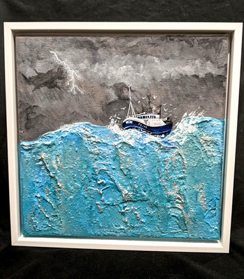 Stormy Seas,  10''x10''x1'' Textured canvas, acrylic ink&paint, white shadow frame