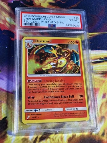PSA 8 Charizard Sun & Moon 2019 Costco Kanto 5 Tin Promo Cosmos Holo TEU 14/181