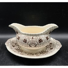 Masons Patent Ironstone Bow Bells Brown Gravy Boat and Underplate England 8"