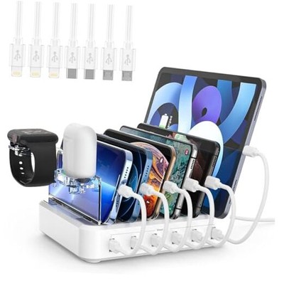 Charging Station for Multiple Devices,60W 6 Port Charger Station with 7 White