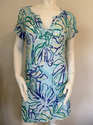 Lilly Pulitzer 100% Linen Shirt Dress Duval Pool Blue Tropical Toucan Print M