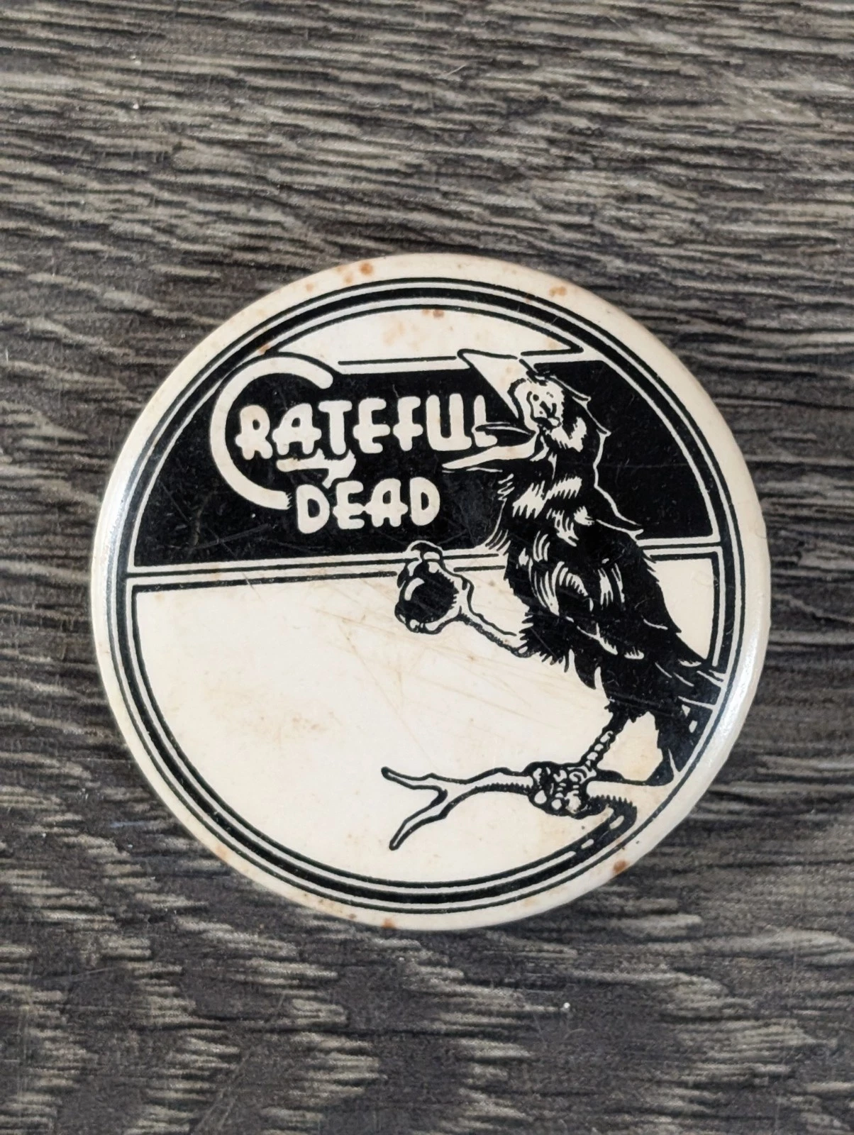 Vtg Grateful Dead Crow Black & White 1.75" Diameter Button Pin Wake Of The Flood