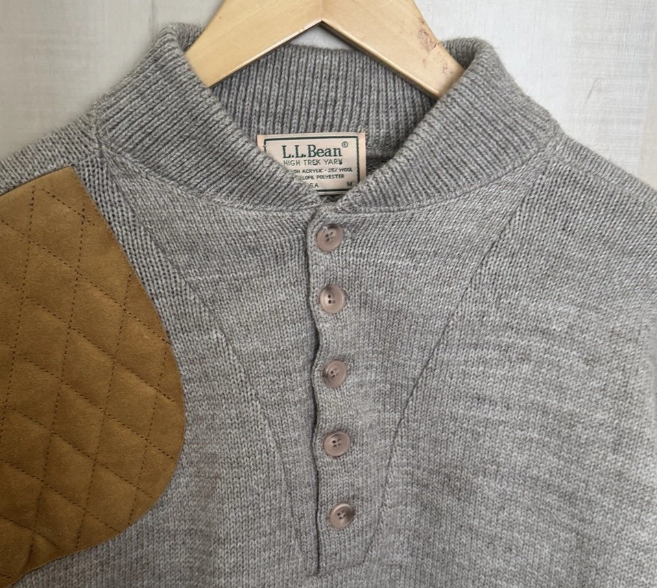 VTG LL Bean High Trek Yarn Henley Sweater Shooting Hunting Patch Medium Gray USA - Image 3 of 4