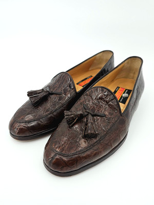 A. Testoni Tassel Loafers Brown Leather Alligator Brogue Shoes Mens Size US 9.5N