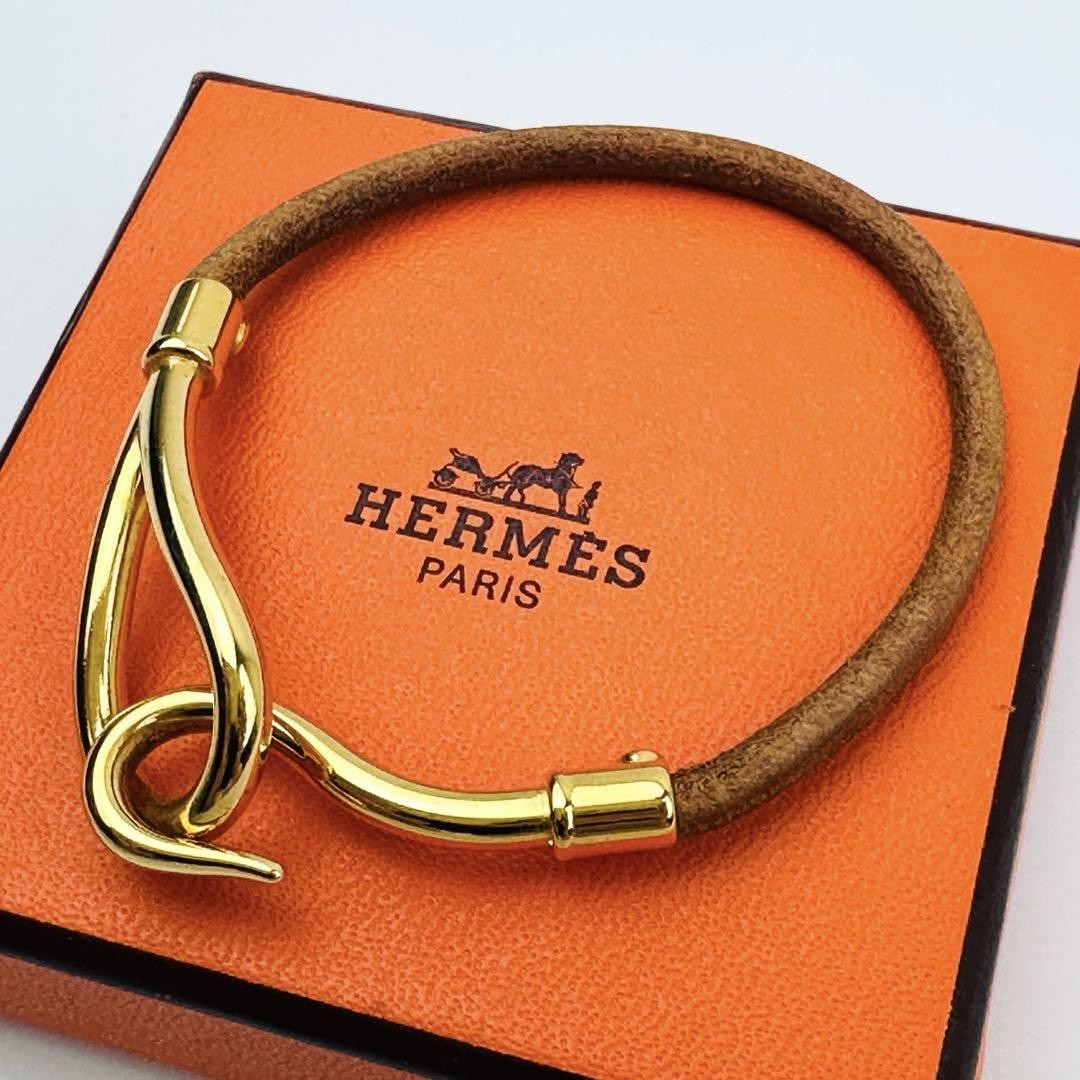 Hermes Brown Leather Bracelet with Gold Logo Hook Pre-Owned No Box  