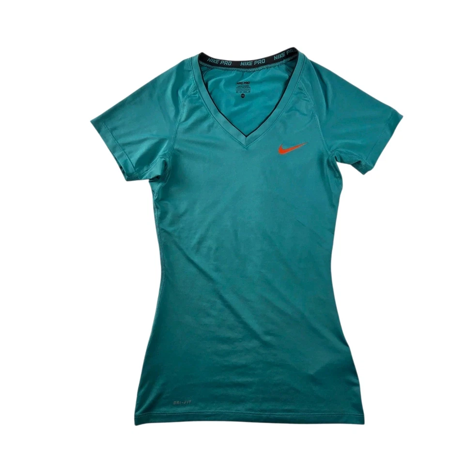 Camiseta Nike Pro ajustada manga corta cuello en V verde azulado y naranja XS Foto 3 de 4